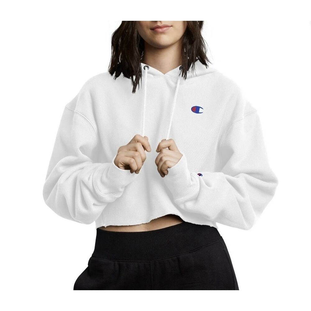 CHAMPION WHITE REVERSE WEAVE CROPPED CUT-OFF HOODIE - Size Small